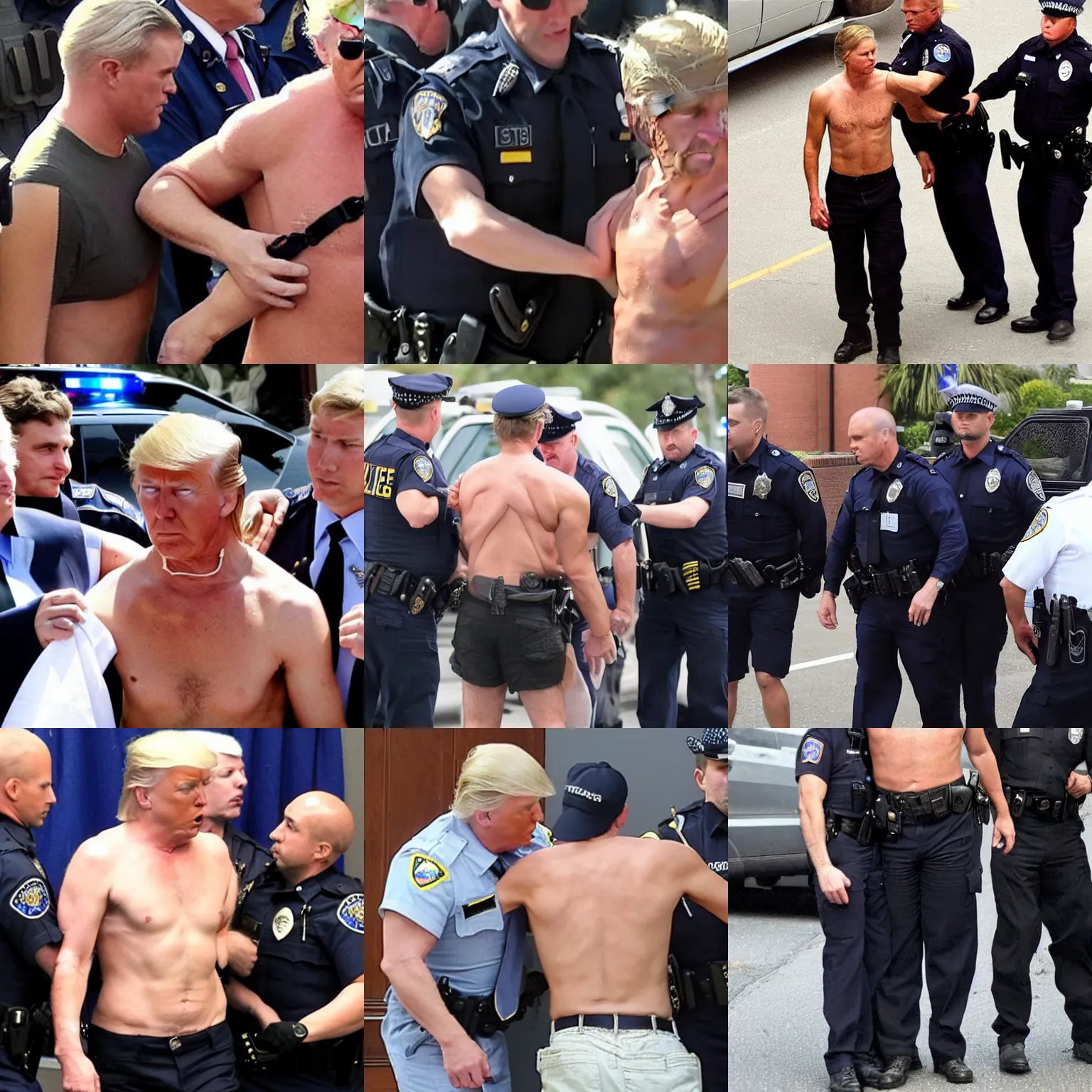 Prompt: shirtless donald trump getting arrested by police, in handcuffs