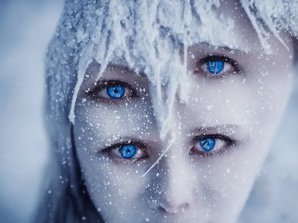 Image similar to the piercing blue eyed stare of yuki onna, snowstorm, blizzard, mountain snow, canon eos r 6, bokeh, outline glow, asymmetric unnatural beauty, gentle smile, blue skin, centered, rule of thirds