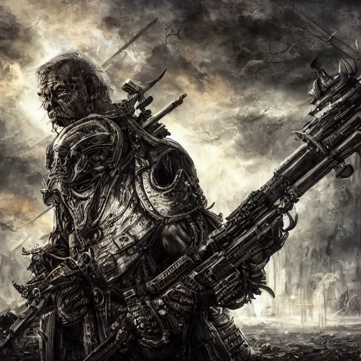 Image similar to apocalyptic man surrounded by weaponry, hyper - detailed, smooth, sharp focus, 4 k ultra hd, fantasy dark art, apocalyptic art