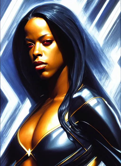 Image similar to portrait of marvel cinematic universe aaliyah haughton, x - men, storm, elegant, electricity archs, lightning strikes, rippling electromagnetic, highly detailed, digital painting, artstation, glamor pose, concept art, smooth, sharp focus, illustration, art by artgerm and greg rutkowski, artey freytag