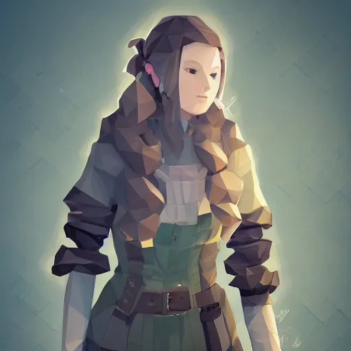 Prompt: isometric view, clean low poly, octopath traveller style, a girl, brown jacket with long sleeves, brown hair, hair down, pigtails hair, green eyes, grey background, volumetric lighting, fantasy, d & d, 4 k, trending on artstation, by greg rutkowski, blizzard warcraft, backlit, smooth