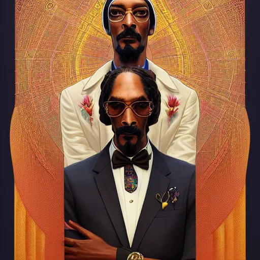 Prompt: symmetry portrait of snoop dogg, intricate, elegant, highly detailed, digital painting, artstation, concept art, smooth, sharp focus, illustration, art by artgerm and greg rutkowski and alphonse mucha