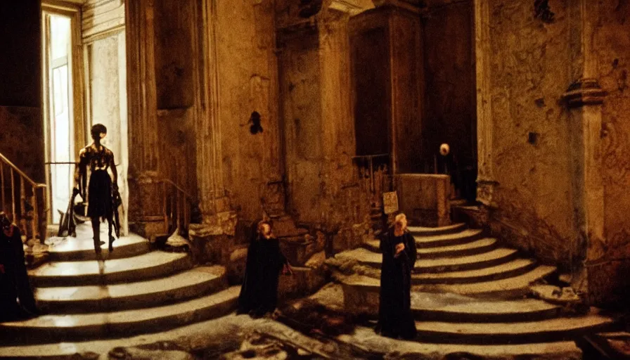 Image similar to movie still by tarkovsky of caligula poniard to death by senators on ancient stairs, cinestill 8 0 0 t 3 5 mm, high quality, heavy grain, high detail, dramatic light, ultra wide lens, anamorphic