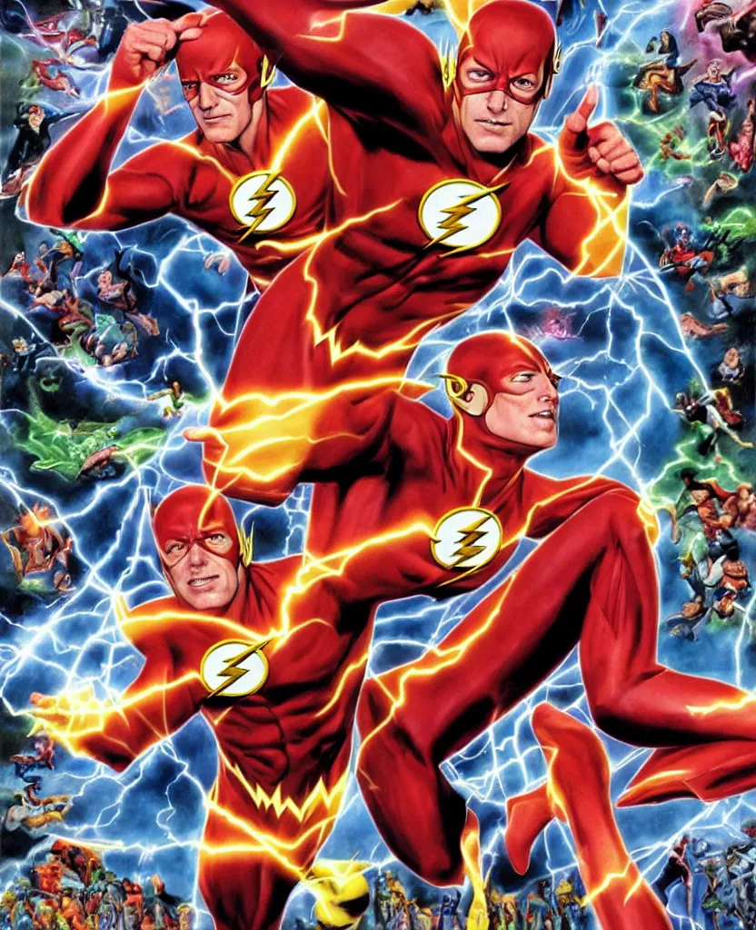 Prompt: The Flash, crisis on infinite earth's, cover art, by Alex Ross and James Gurney