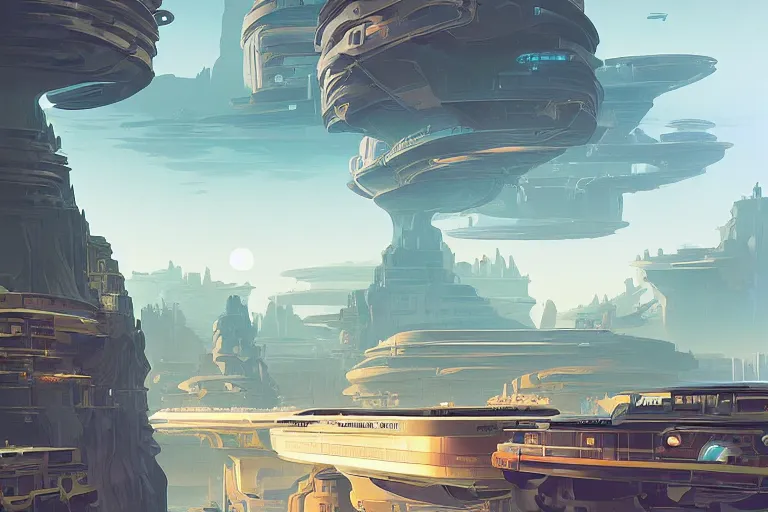 Image similar to a matte painting of a solarpunk city floating above a canyon by syd mead and peter mohrbacher and james gilleard in the style of hugh ferriss