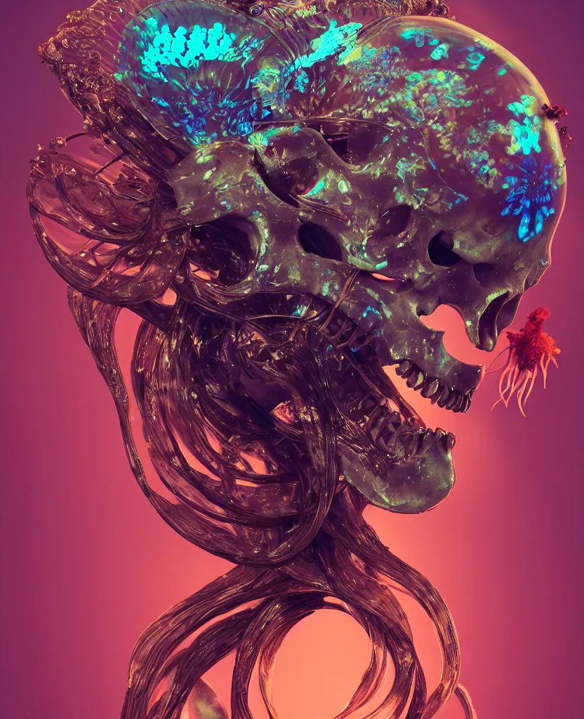 Image similar to goddess close-up portrait animal skull. jellyfish phoenix head, nautilus, orchid, skull, betta fish, bioluminiscent creatures, intricate artwork by Tooth Wu and wlop and beeple. octane render, trending on artstation, greg rutkowski very coherent symmetrical artwork. cinematic, hyper realism, high detail, octane render, 8k