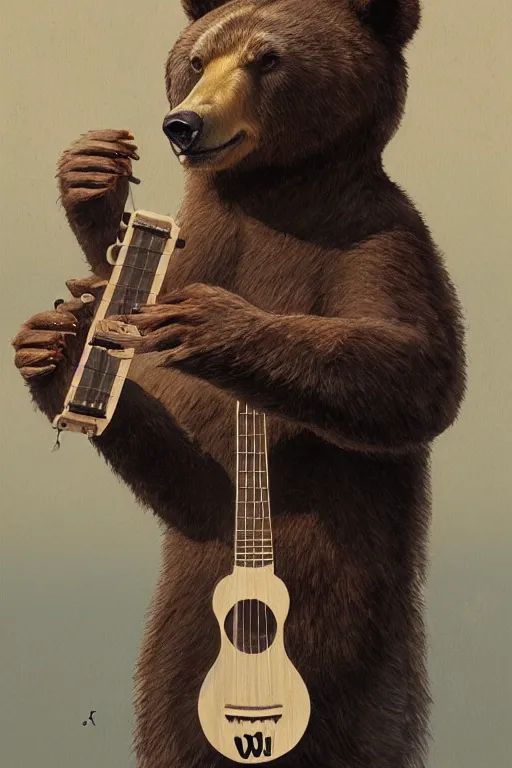 Prompt: realistic bear playing triangular body of ukulele, realistic portrait, symmetrical, highly detailed, digital painting, artstation, concept art, smooth, sharp focus, illustration, cinematic lighting, art by artgerm and greg rutkowski and alphonse mucha