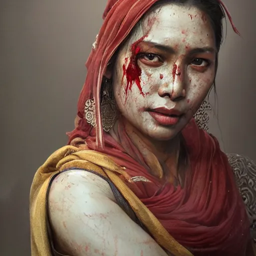 Prompt: portrait painting of a bloodied nepali female butcher wearing sari, ultra realistic, concept art, intricate details, eerie, highly detailed, photorealistic, octane render, 8 k, unreal engine. art by artgerm and greg rutkowski and alphonse mucha