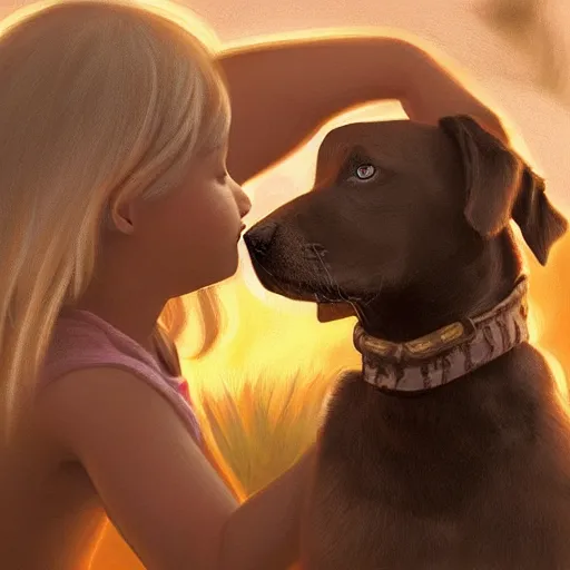 Prompt: semirealistic digital art of a girl playing with a dog, golden hour, detailed