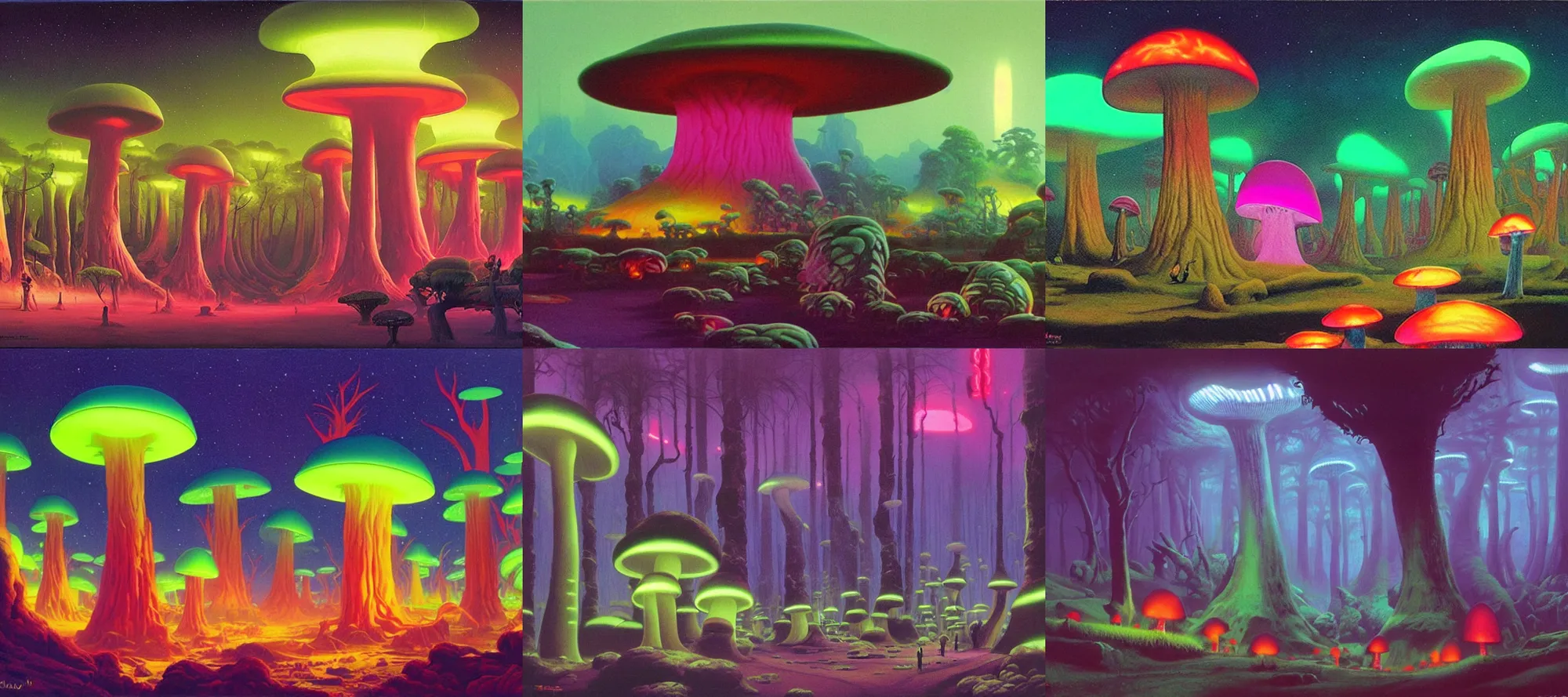 Prompt: felucia landscape, giant fluorescent mushrooms, neon jungle, colorful painting by ralph mcquarrie