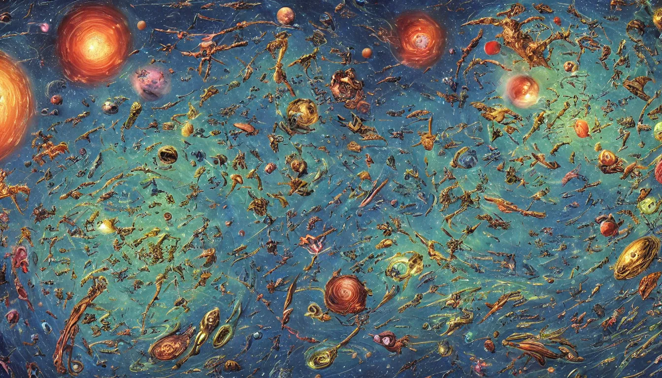 Prompt: an epic fantastic realism comic book style painting of a map of the universe, as drawn by a race of alien monks over a thousand centuries, 8 k, ultra realistic, lens flare, atmosphere, glow, detailed, intricate, full of colour, cinematic lighting, trending on artstation, 4 k, hyperrealistic, focused, extreme details, unreal engine 5, cinematic, masterpiece