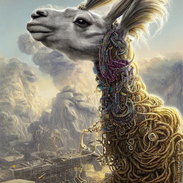 Image similar to llama with dreadlocks, industrial sci - fi, by mandy jurgens, ernst haeckel, james jean