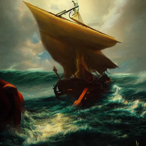 Image similar to a pirate with two wooden legs and two hook hands steering a wooden brigantine through a rain and lightning storm. first person deckhand pov, detailed dynamic light painting by peter mohrbacher