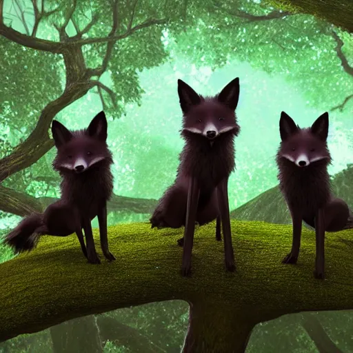Prompt: three black foxes sitting on a tree branch at night, lush green forest, dark night, perspective from below, trending on ArtStation, concept art, cgsociety, octane render, trending on artstation, artstationHD, artstationHQ, unreal engine, 8k