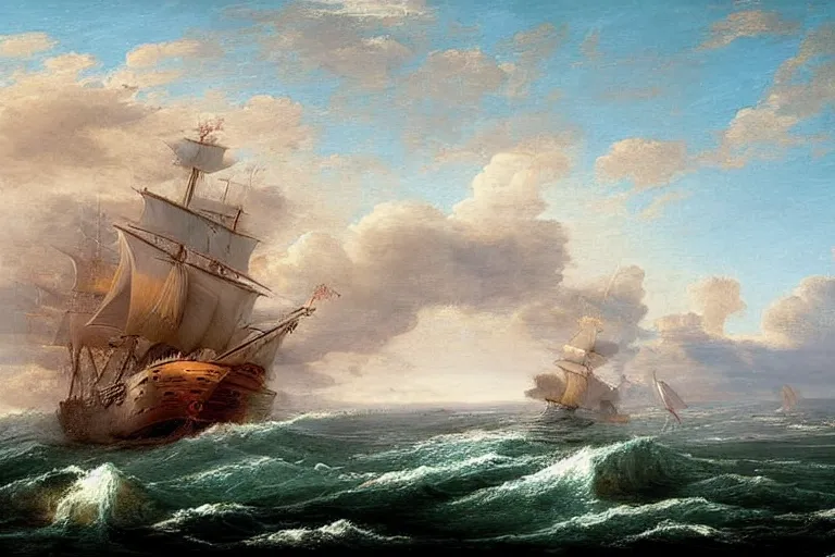 Image similar to beautiful ocean landscape man o war ship sailing with waves, mythology, fantasy, landscape background, vivid colors, digital painting, very detailed, realistic, high quality, by claude lorrain