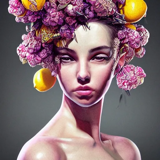 Image similar to the portrait of an absurdly beautiful, graceful, elegant, sophisticated, young teen girl made up of lemons looking up, an ultrafine hyperdetailed illustration by kim jung gi, irakli nadar, intricate linework, bright colors, octopath traveler, final fantasy, unreal engine 5 highly rendered, global illumination, radiant light, detailed and intricate environment