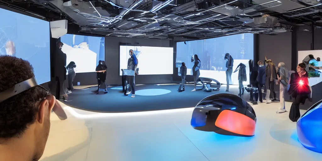 Image similar to stunning futuristic AI lab, projection screens, immersive graphics, holograms, dark room, people using HoloLens