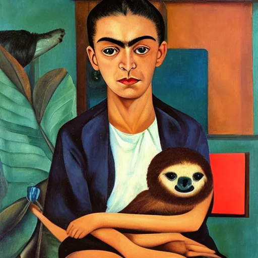 Image similar to oil painting, portrait of a boy with a sloth in a vintage office, mid - century modern design, painting by frida kahlo ( 1 9 3 2 ), from mexican modernism exhibition