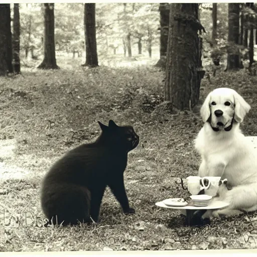 Image similar to vintage photograph of a golden retriever and a black kitty having a tea party in the forest