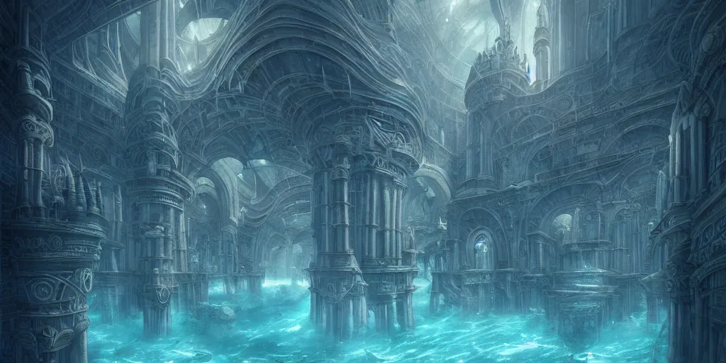 Image similar to underwater city, by role thomas style and giovanni paolo panini style epic, symmetrical, insanely detailed, style of charlie bowater, kelly mckernan, unreal engine render, artstation trends, hyper detail, epic art style, cinematic, concept art