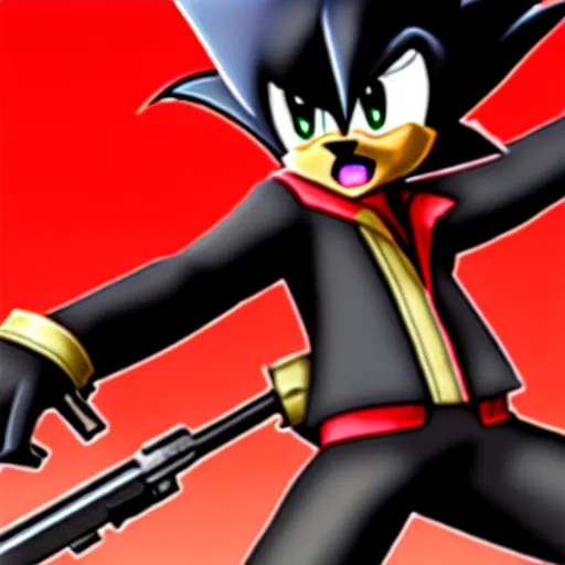 Prompt: shadow the hedgehog holding a gun