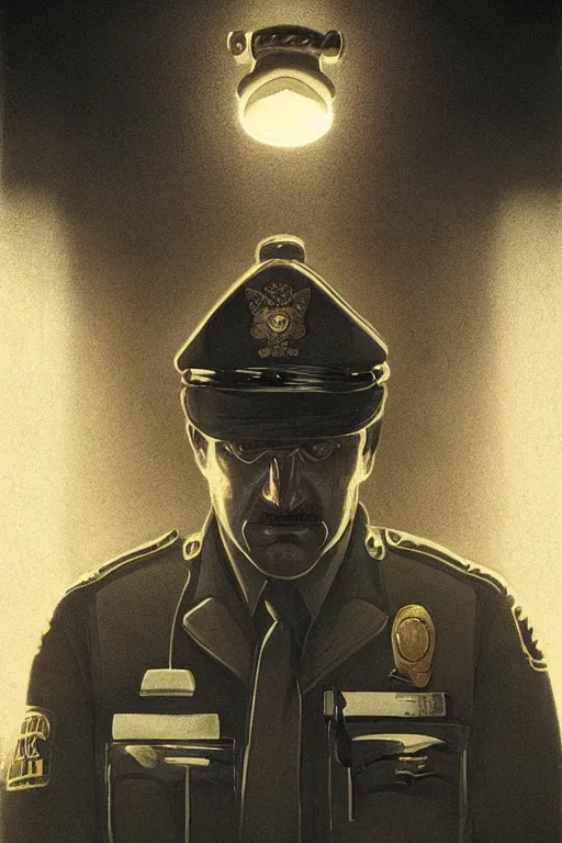 Prompt: grizzled police officer, standing in an office restroom, dramatic backlighting, autochrome, high contrast, highly detailed, sharp focus, digital painting, concept art, illustration, trending on artstation, art by greg rutkowski and greg hildebrandt, composition by alphonse mucha