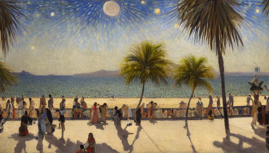 Image similar to a ultradetailed beautiful painting of the night sky of the amazonas palace balustrade designed by jules bastien - lepage, tarsila do amaral, frank weston and gustave baumann, beach, trending on artstation, mediterranean, palm trees, sharp focus, sail boats, soft light, 8 k 4 k