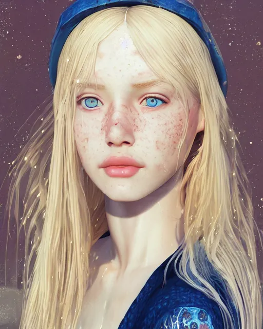 Image similar to portrait of a pretty russian girl, blue eyes, freckles, blonde hair, half korean, au naturel, hyper detailed, digital art, trending in artstation, cinematic lighting, studio quality, smooth render, fluorescent skin, unreal engine 5 rendered, octane rendered, art style by klimt and nixeu and ian sprigger and wlop and krenz cushart