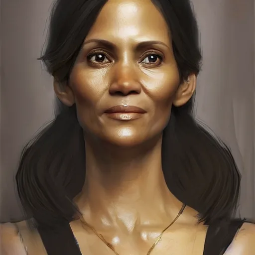 Image similar to portrait of maci holloway, first woman elected as president in usa, cold but beautiful, about 3 5 years old, highly detailed, mix of halle berry and julia roberts gong li,, artstation hd, deviantart, by artgem, greg rutkowski