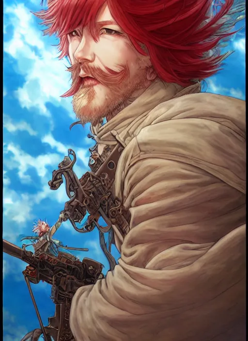 Image similar to prompt : ragnarok online portrait soft light painted by james jean and katsuhiro otomo and erik jones, inspired by akira anime, epic fantasy, a long red haired, red bearded male sky - pirate in front of an airship, intricate oil painting, high detail illustration, sharp high detail, manga and anime 1 9 9 9