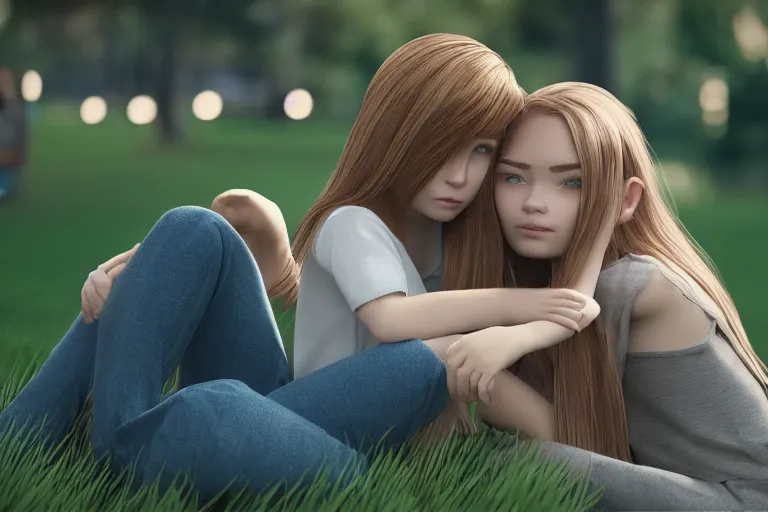 Image similar to blond boy hugging a brunette girl with straight hair, in a park, Polaroid, Closeup, Closeup-View, Octane render, Unreal Engine