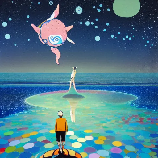 Image similar to a man walking on water under the stars by takashi murakami, beeple and james jean, aya takano color style, 4 k, super detailed