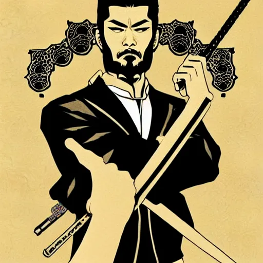 Prompt: silhouette of a yakuza warrior illustration 以 最 高 的 忠 诚 度 为 他 的 国 家 服 务 。, vector art style, medium shot, intricate, elegant, highly detailed, digital art, ffffound, art by jc leyendecker and sachin teng