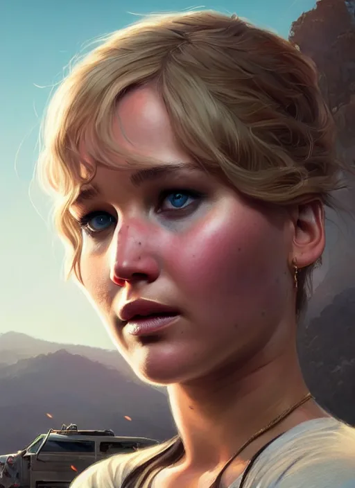 Prompt: highly detailed portrait of jennifer lawrence in gta v, stephen bliss, unreal engine, fantasy art by greg rutkowski, loish, rhads, ferdinand knab, makoto shinkai and lois van baarle, ilya kuvshinov, rossdraws, tom bagshaw, global illumination, radiant light, detailed and intricate environment