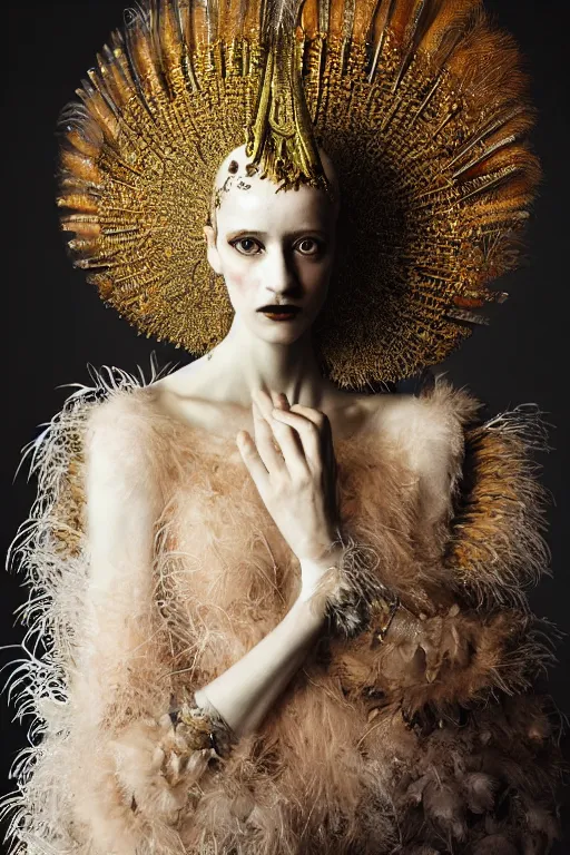 Prompt: photography portrait by paolo roversi of a feminine actress wearing a ornate costume with feathers by iris van herpen, highly detailed, artstation, smooth, sharp foccus, artstation hq, skin grain detail, high detail, creativity in fashion design