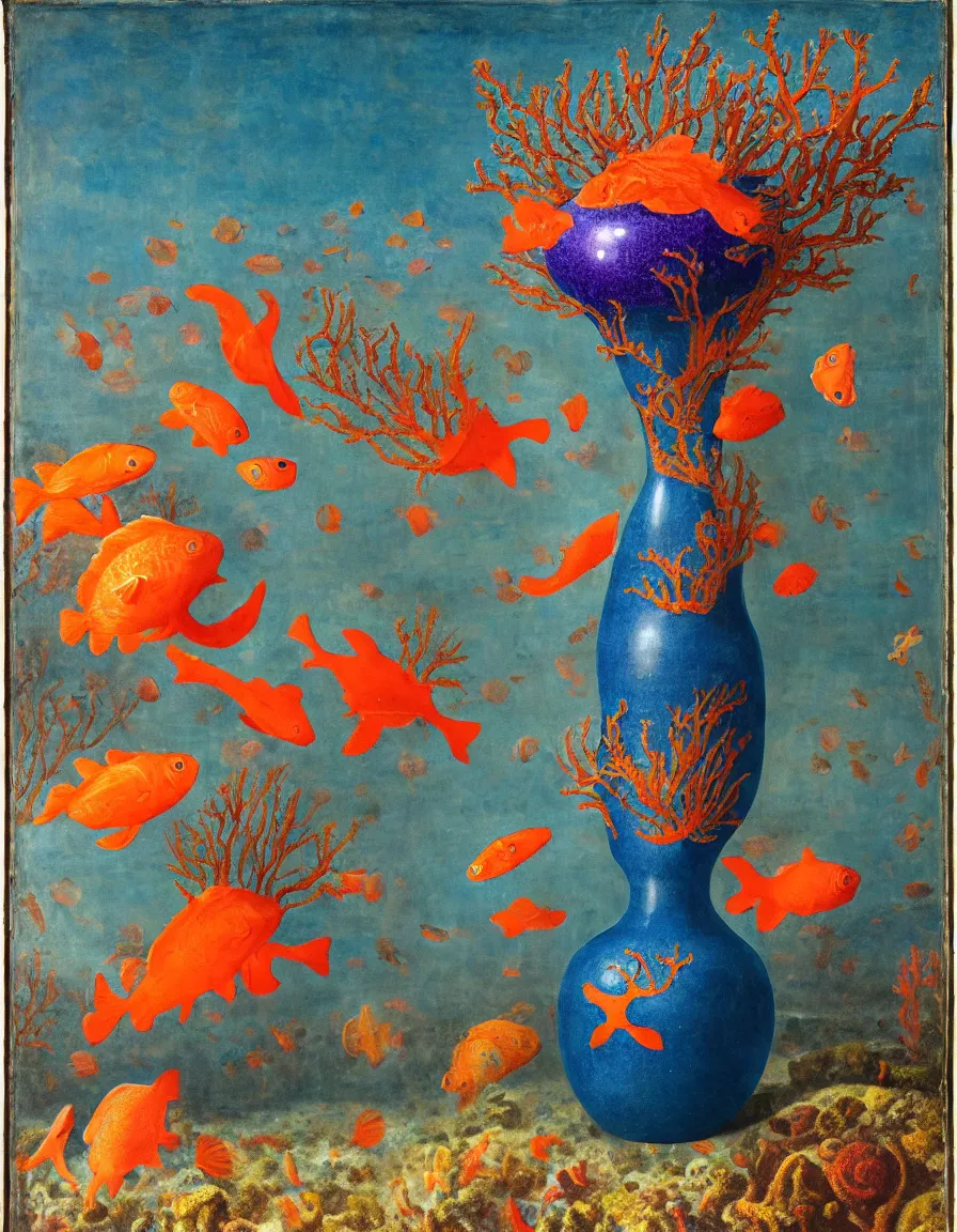 Image similar to bottle vase of coral under the sea and in the sky decorated with a dense field of stylized scrolls that have opaque outlines enclosing mottled blue washes, with orange shells and purple fishes, ambrosius benson, oil on canvas, hyperrealism, around the edges there are no objects