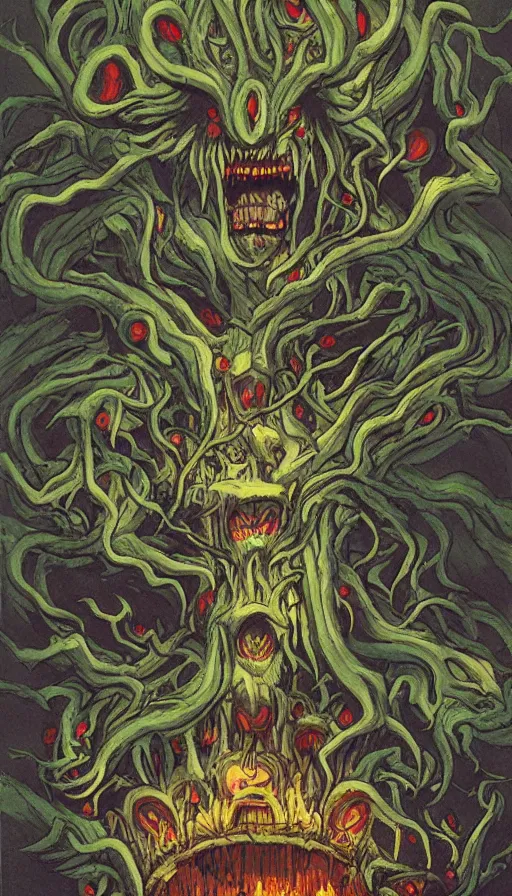 Image similar to a storm vortex made of many demonic eyes and teeth over a forest, by don bluth