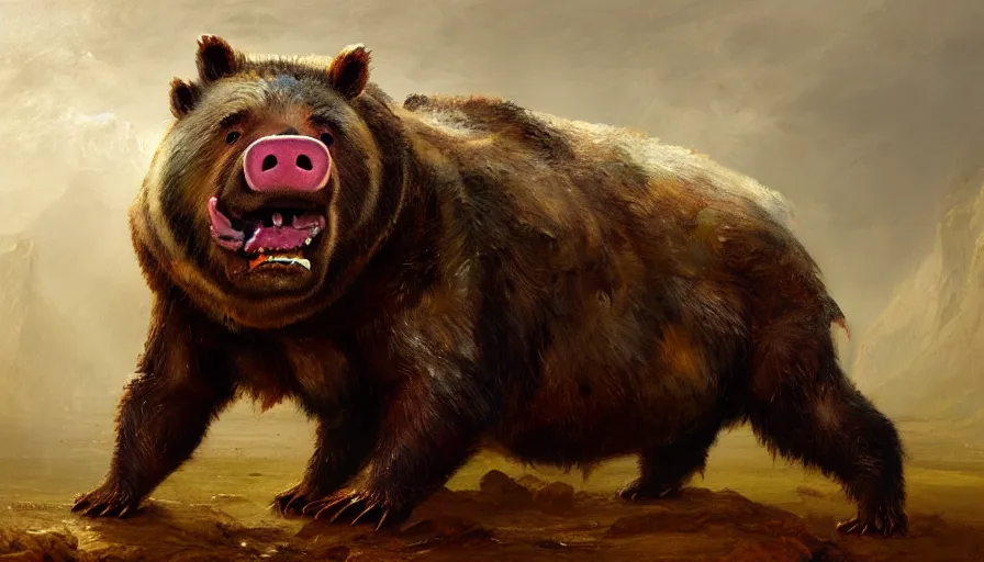 Prompt: highly detailed painting of a half bear half man pig creature by william turner, by greg rutkowski, by william constable, thick brush strokes and visible paint layers, 4 k resolution