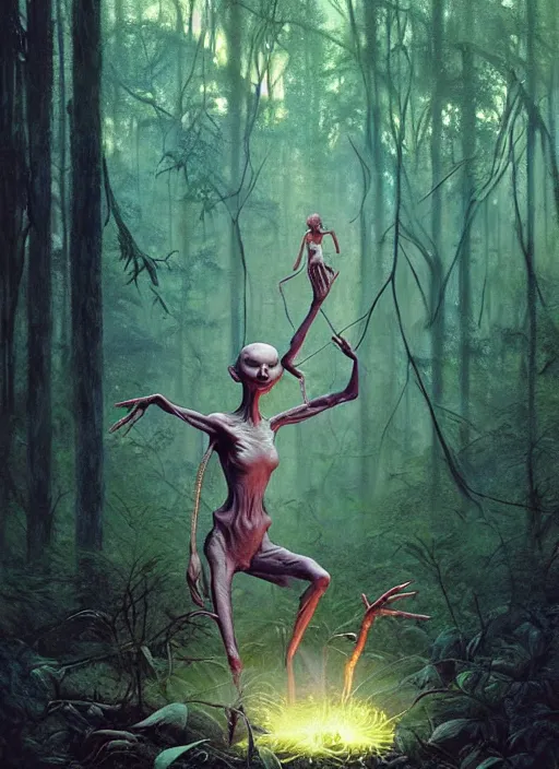 Image similar to hyper realistic magic alien in the woods in a river gorgeous lighting, lush forest foliage blue sky a hyper realistic painting by chiara bautista and beksinski and norman rockwell and greg rutkowski, tom bagshaw weta studio, and lucasfilm