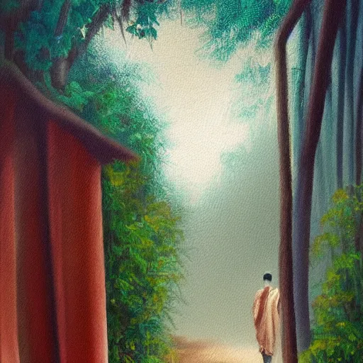 Image similar to fuzzy painting of a young buddhist monk walking down a narrow road in jungle early morning