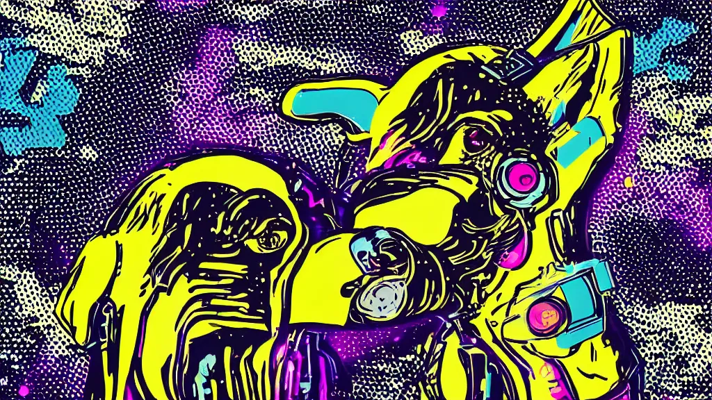 Image similar to dog futuristic japanese backlight cyberpunk by roy lichtenstein, by andy warhol, ben - day dots, pop art, bladerunner, pixiv contest winner, cyberpunk style, cyberpunk color scheme, mechanical, high resolution, hd, intricate detail, fine detail, 4 k