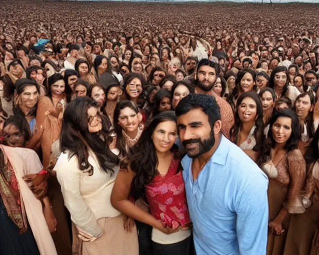 Prompt: a brown man with 10,100 adoring wives.