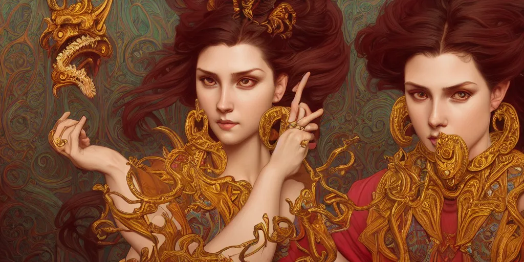 Image similar to painting of a oroboros, symmetric, decorated, intricate, elegant, highly detailed, digital painting, artstation, concept art, smooth, sharp focus, illustration, art by artgerm and greg rutkowski and alphonse mucha, 8 k