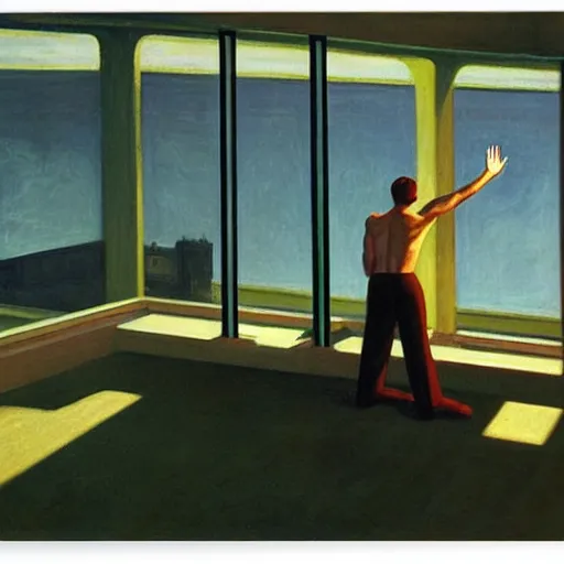 Image similar to biomechanical human raising his hands into the sky of the machine by edward hopper