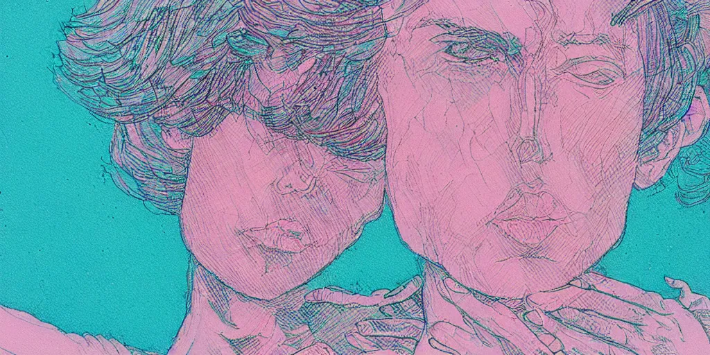 Image similar to a close - up grainy risograph, pastel colors painting of a scene from the requiem for a dream by moebius and lehr paul and kim jung gi