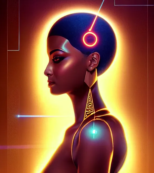 Image similar to symmetry!! egyptian goddess of technology, solid cube of light, hard edges, product render retro - futuristic poster scifi, lasers and neon circuits, brown skin beautiful egyptian goddess, intricate, elegant, highly detailed, digital painting, artstation, concept art, smooth, sharp focus, illustration, dreamlike, art by artgerm