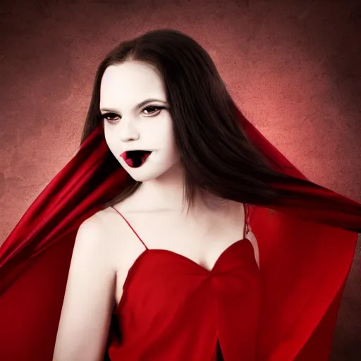 Prompt: realistic portrait photograph of a vampire girl wearing a red cape