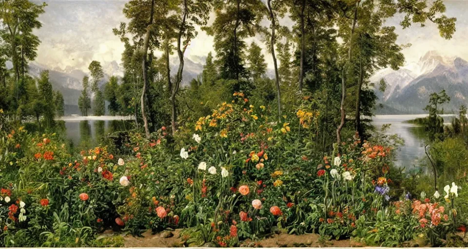 Image similar to atlas texture map megascans, flowers by the lake with forest in background, white background illustrated by eugene von guerard, ivan shishkin, john singer sargent