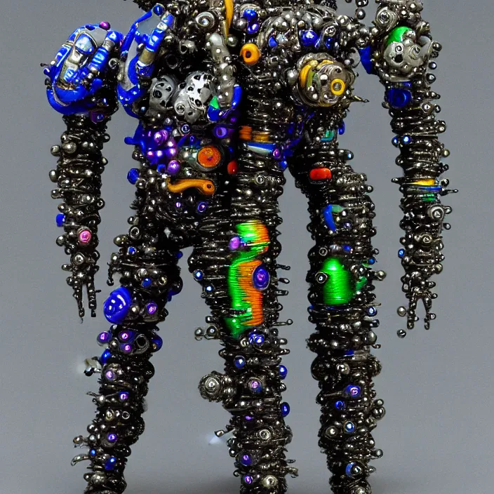 Image similar to a cybernetic symbiosis of a single astronaut mech-organic eva suit made of pearlescent wearing anodized thread knitted shiny ceramic multi colored yarn thread infected with kevlar,ferrofluid drips,carbon fiber,ceramic cracks,gaseous blob materials and diamond 3d fractal lace iridescent bubble 3d skin dotted covered with orb stalks of insectoid compound eye camera lenses orbs floats through the living room, film still from the movie directed by Denis Villeneuve with art direction by Salvador Dalí, wide lens,