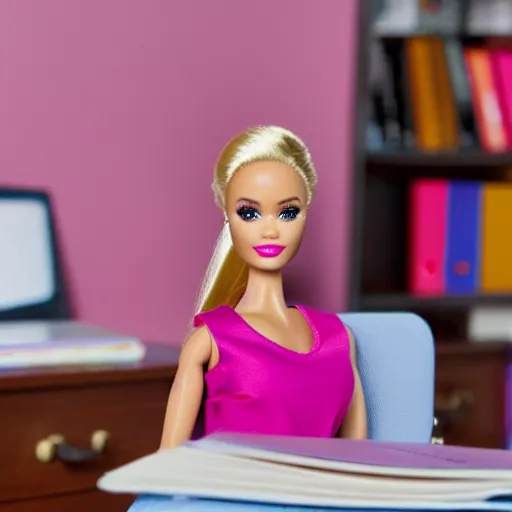 Image similar to a tired and sad barbie doll sits at a desk in her office. the desk is overflowing!!! with several large stacks!!! of paper that surround!!! her entirely. her head is resting on her hand, photorealistic,